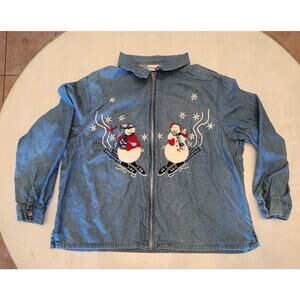 Fashion Bug Christmas Holiday Snowman Denim Full Zip Shirt Jacket SZ 22-24W